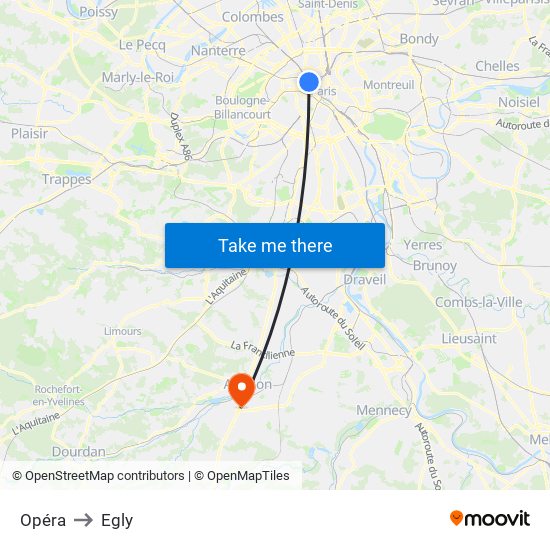 Opéra to Egly map