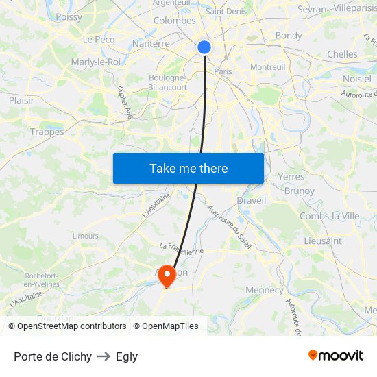 Porte de Clichy to Egly map