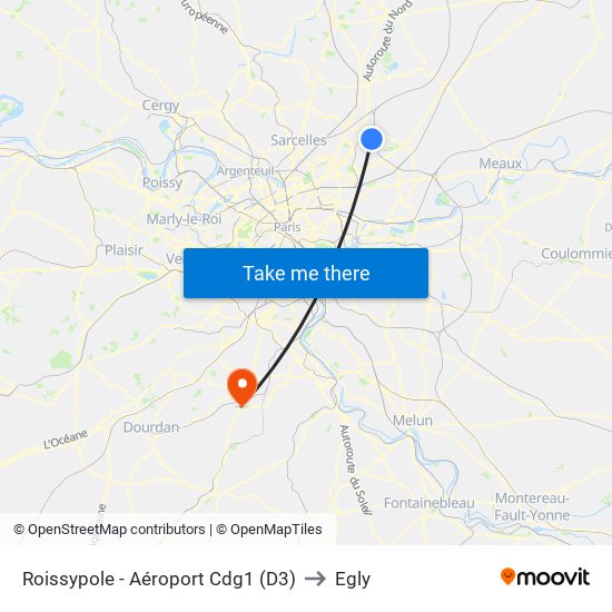 Roissypole - Aéroport Cdg1 (D3) to Egly map