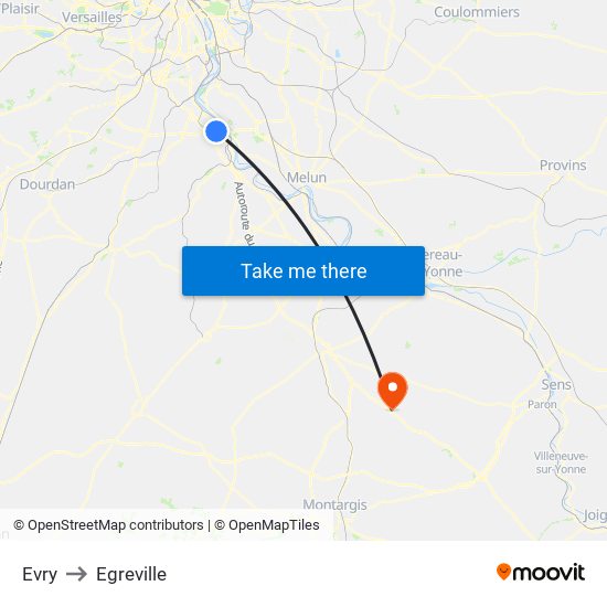 Evry to Egreville map
