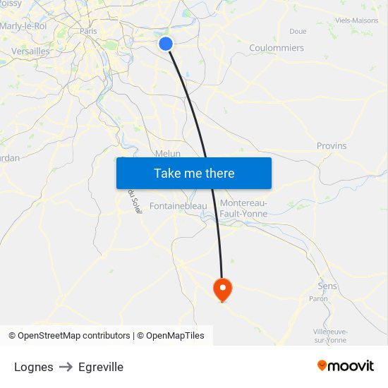 Lognes to Egreville map