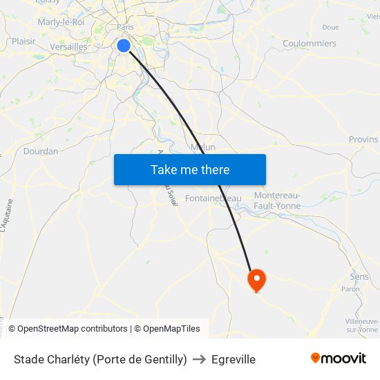 Stade Charléty (Porte de Gentilly) to Egreville map