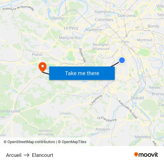 Arcueil to Elancourt map