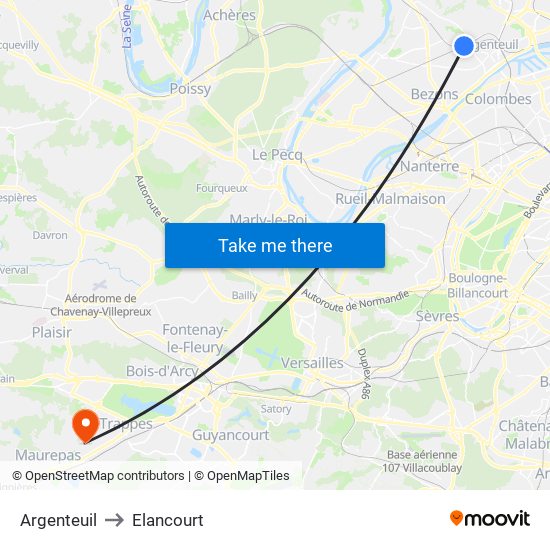 Argenteuil to Elancourt map