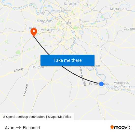 Avon to Elancourt map