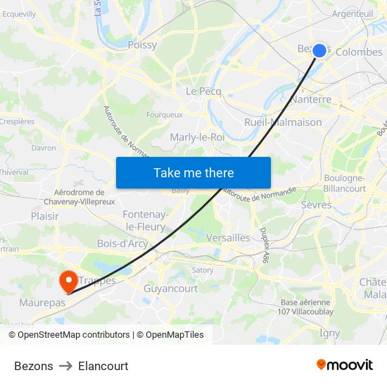 Bezons to Elancourt map