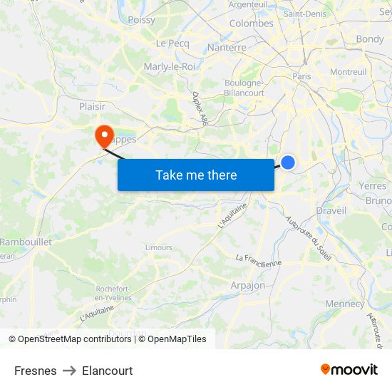 Fresnes to Elancourt map
