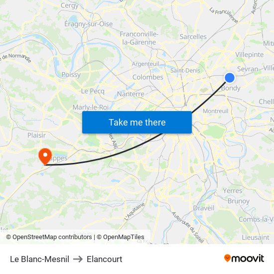 Le Blanc-Mesnil to Elancourt map