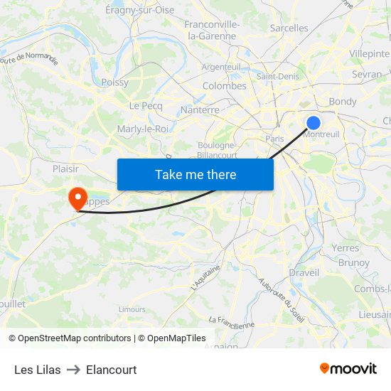 Les Lilas to Elancourt map