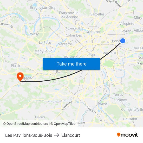 Les Pavillons-Sous-Bois to Elancourt map