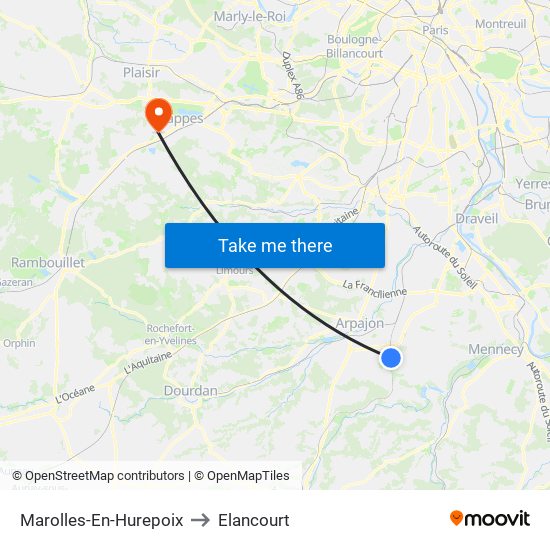 Marolles-En-Hurepoix to Elancourt map