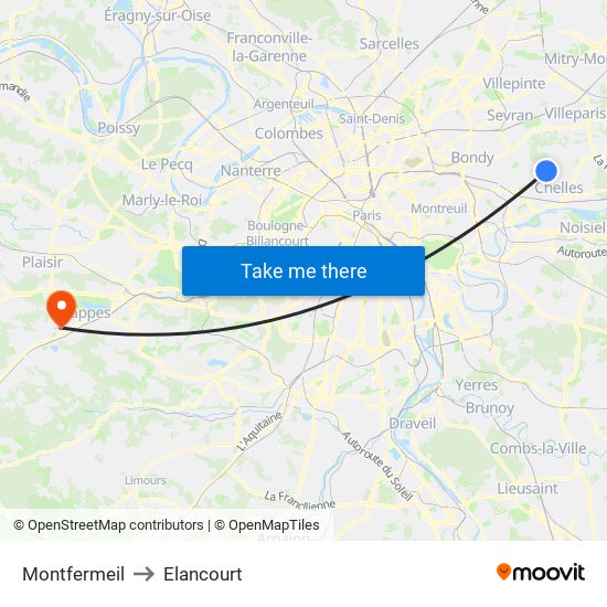 Montfermeil to Elancourt map