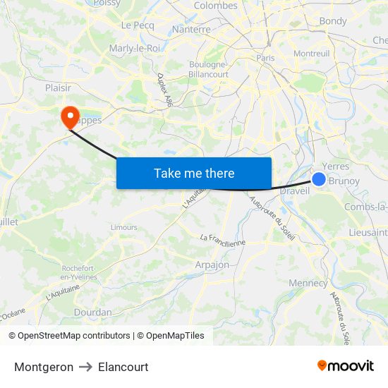 Montgeron to Elancourt map