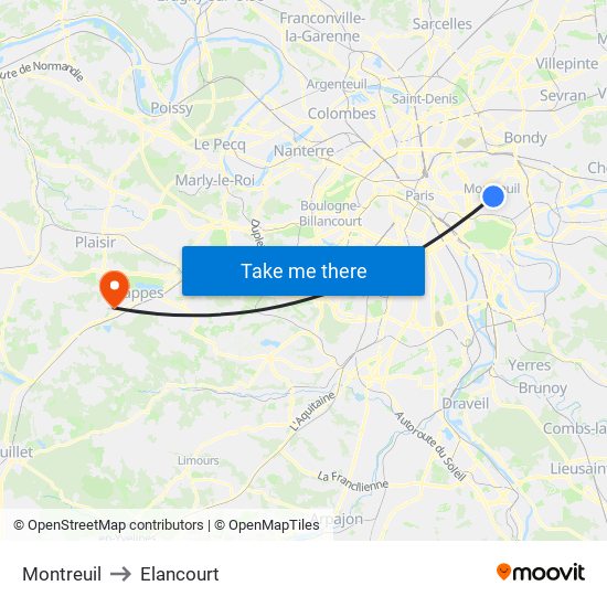 Montreuil to Elancourt map