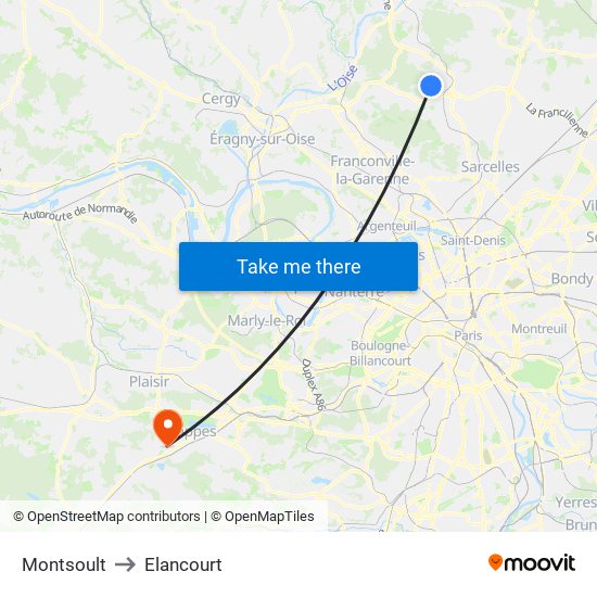 Montsoult to Elancourt map