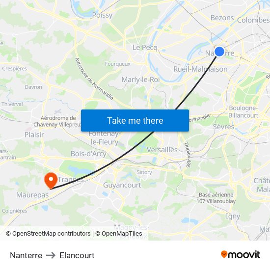 Nanterre to Elancourt map