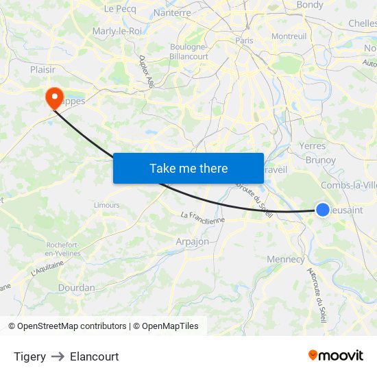 Tigery to Elancourt map