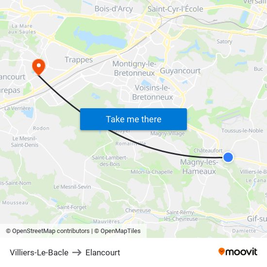 Villiers-Le-Bacle to Elancourt map