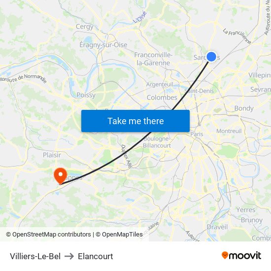 Villiers-Le-Bel to Elancourt map
