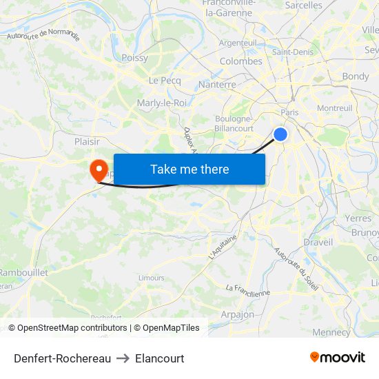Denfert-Rochereau to Elancourt map