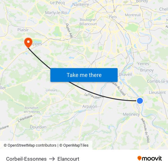 Corbeil-Essonnes to Elancourt map