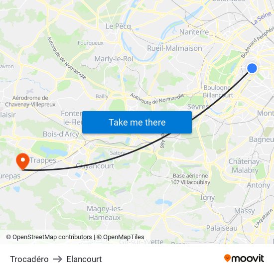 Trocadéro to Elancourt map