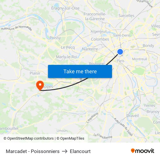 Marcadet - Poissonniers to Elancourt map