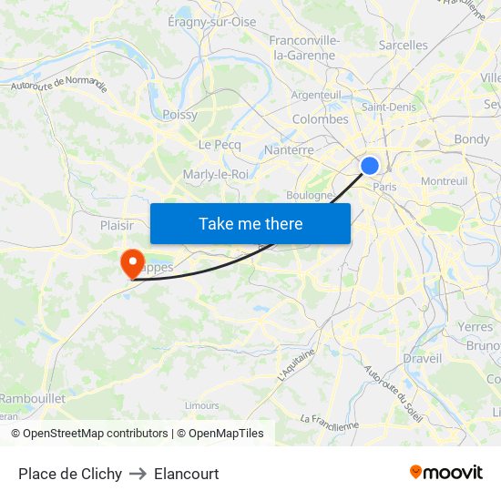 Place de Clichy to Elancourt map