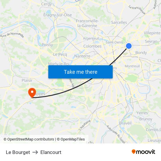 Le Bourget to Elancourt map
