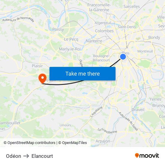 Odéon to Elancourt map