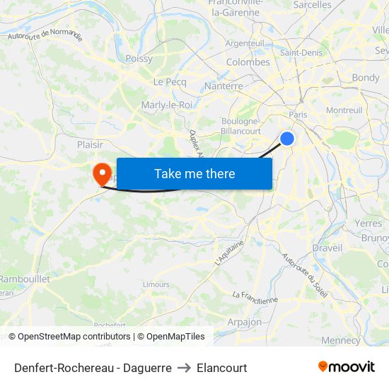 Denfert-Rochereau - Daguerre to Elancourt map