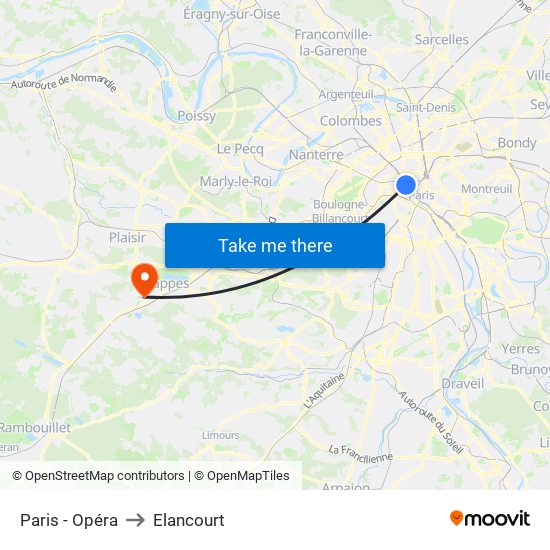 Paris - Opéra to Elancourt map