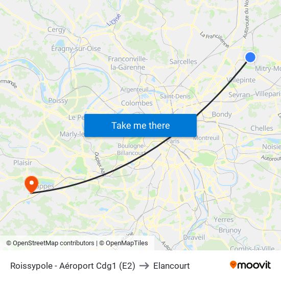 Roissypole - Aéroport Cdg1 (E2) to Elancourt map
