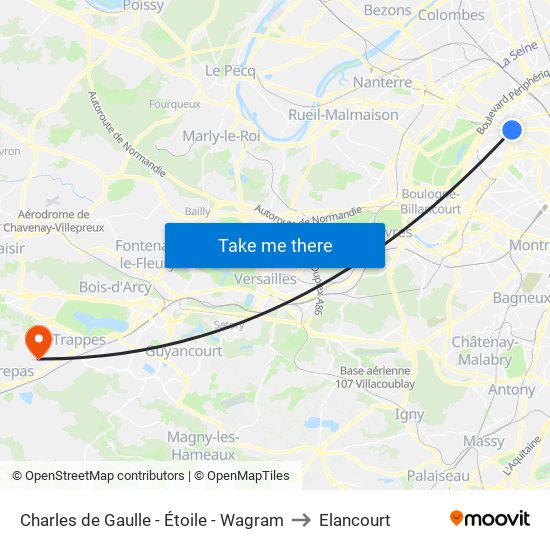 Charles de Gaulle - Étoile - Wagram to Elancourt map
