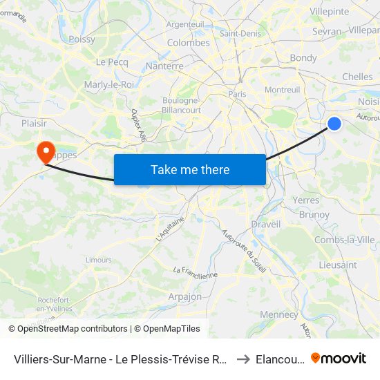 Villiers-Sur-Marne - Le Plessis-Trévise RER to Elancourt map