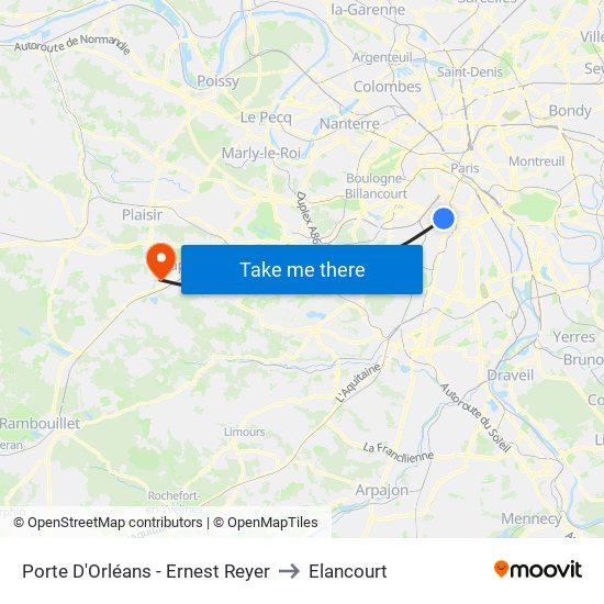 Porte D'Orléans - Ernest Reyer to Elancourt map