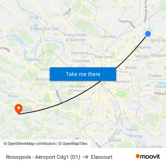 Roissypole - Aéroport Cdg1 (D1) to Elancourt map