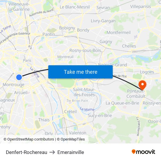 Denfert-Rochereau to Emerainville map