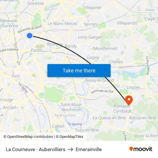 La Courneuve - Aubervilliers to Emerainville map