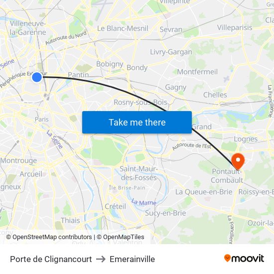 Porte de Clignancourt to Emerainville map