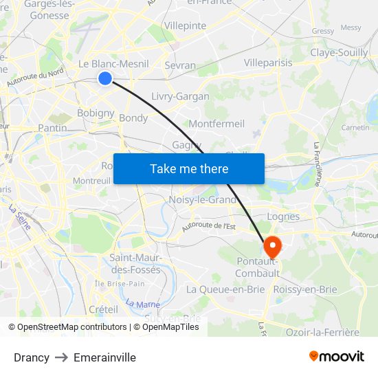 Drancy to Emerainville map