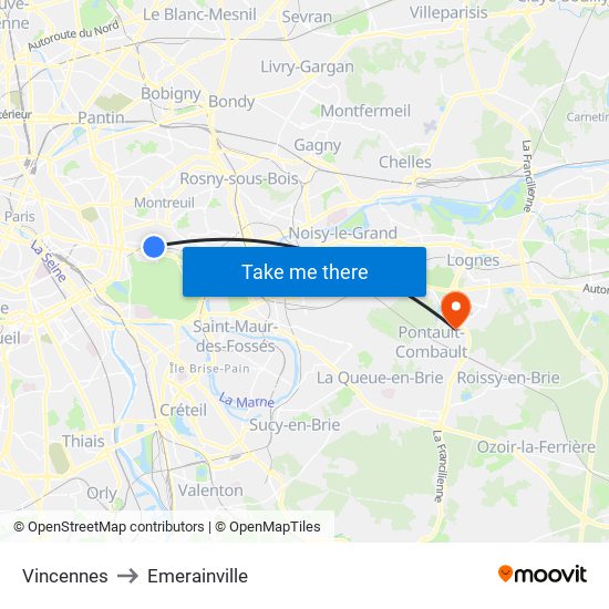 Vincennes to Emerainville map