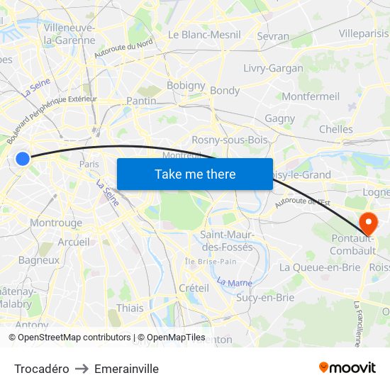 Trocadéro to Emerainville map