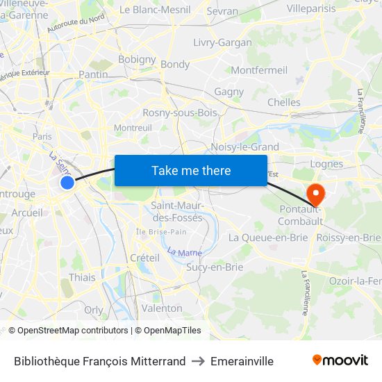 Bibliothèque François Mitterrand to Emerainville map