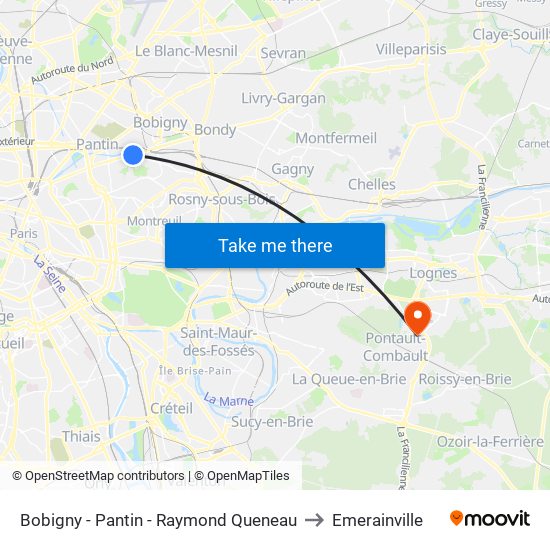 Bobigny - Pantin - Raymond Queneau to Emerainville map