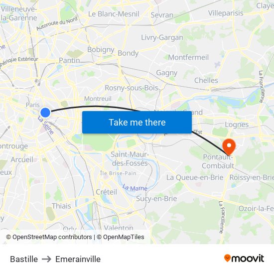 Bastille to Emerainville map