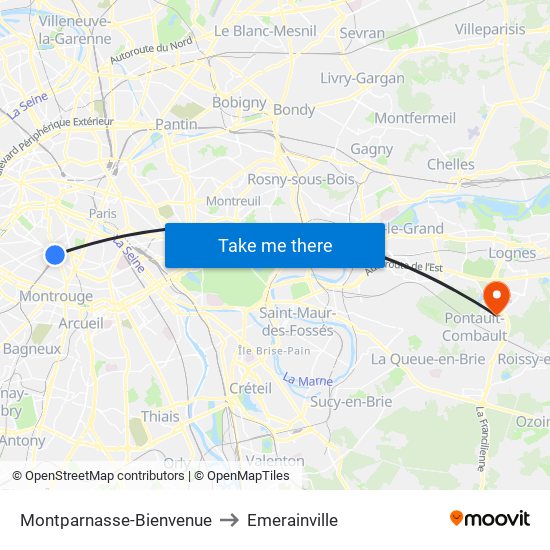 Montparnasse-Bienvenue to Emerainville map