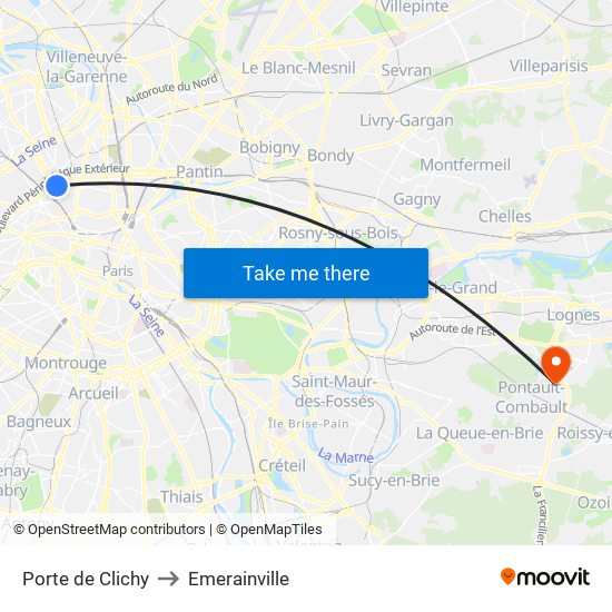 Porte de Clichy to Emerainville map