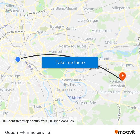 Odéon to Emerainville map