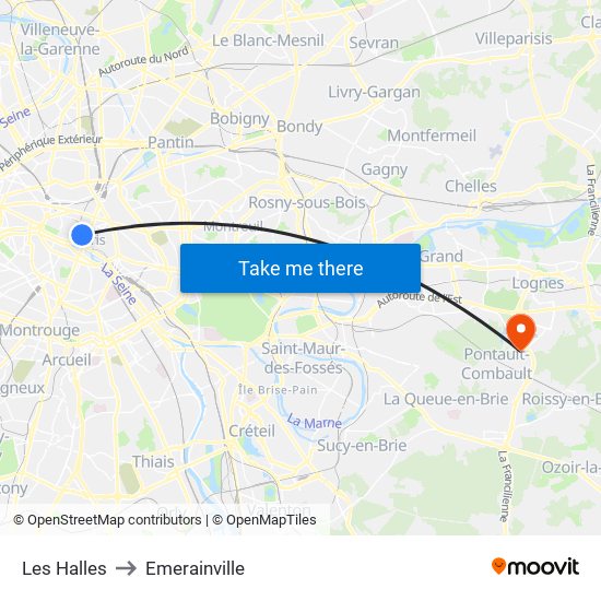 Les Halles to Emerainville map